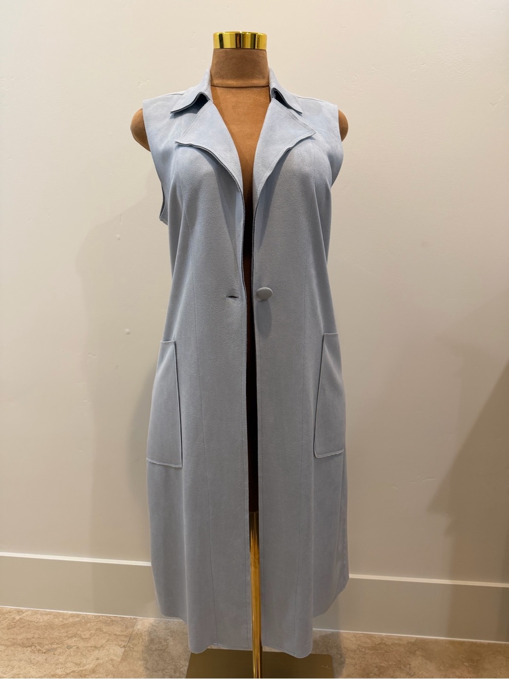 Solitaire Faux Suede Long Light Blue Duster Vest
